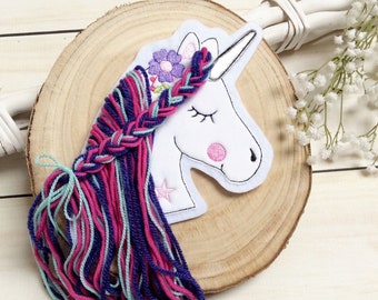 Applikation boho Einhorn mit Wollmähne Aufnäher Button für Schultüte DIY Flicken Patch auf Filz Pferd mit Mähne