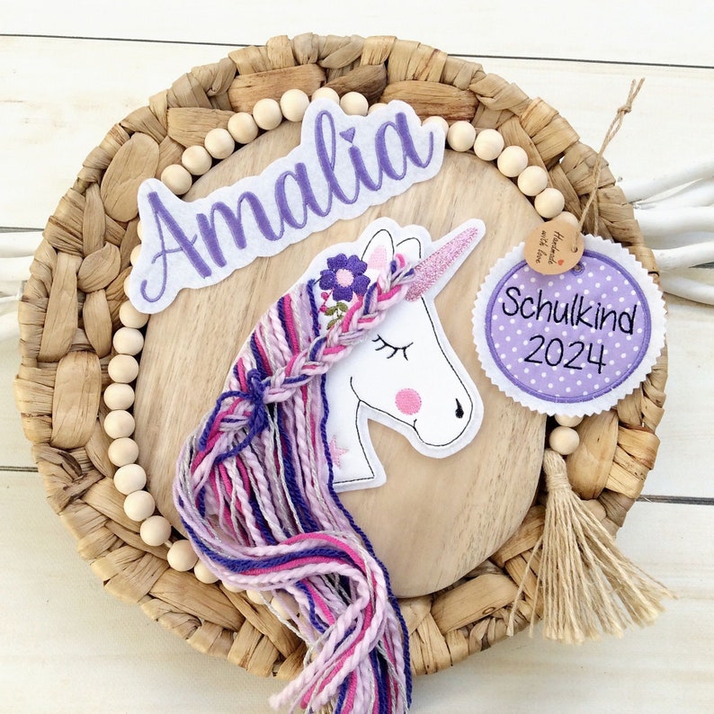 SET Applikation 3D Einhorn Glitzer mit Name und Aufnäher Button Schultüte für DIY auf Filz Applikation mit Wollhaare Bild 1