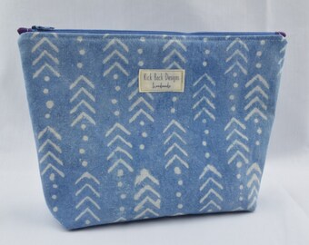 Blue Zipper Pouch, Cosmetic Bag, Travel Bag, Make Up Bag, Chevron Bag, Blue White Bag, Cotton Bag, Blue Purple, OOAK- ZP0004