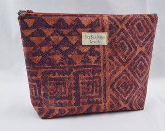 Geometric Zipper Pouch, Rust Cosmetic Bag, Zipper Bag, Make Up Bag, Travel Bag, OOAK - ZP0008