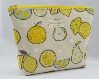 Lemon Zipper Pouch, Cosmetic Bag, Make Up Bag, Yellow Zipper Bag, Travel Bag, Cotton Linen Bag, Gifts for Women, Gifts Under 30 - ZP0011