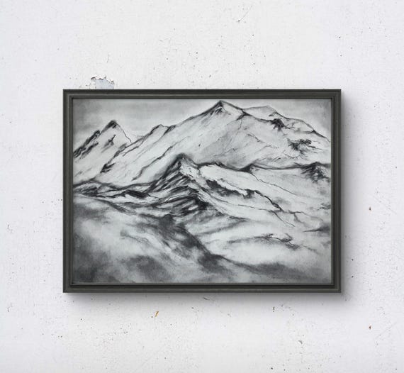 Majestic Mountain. Original Landscape Charcoal Drawing. Without