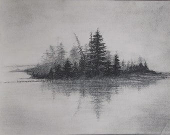 Green land. Original Landscape Charcoal Drawing. Without frame.