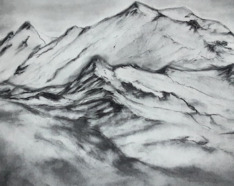 Majestic mountain. Original Landscape Charcoal Drawing. Without frame.