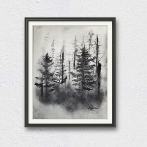 Gloomy forest. Landscape Charcoal drawing. Rustic Landscape Charcoal Drawing. Gallery wall art. Without frame. zdjęcie 2