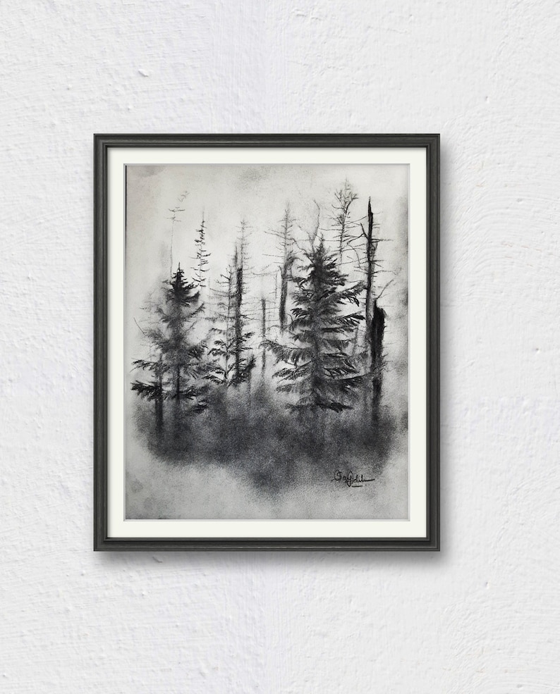 Gloomy forest. Landscape Charcoal drawing. Rustic Landscape Charcoal Drawing. Gallery wall art. Without frame. zdjęcie 2