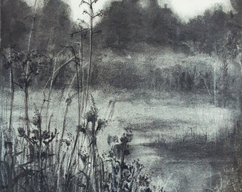 Through the fresh grass. Original Landscape Charcoal Drawing. Without frame.