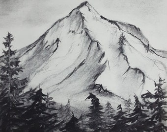 Tall Mountain. Original Landscape Charcoal Drawing. Without frame.