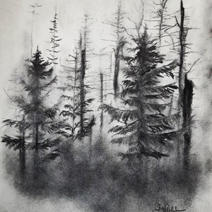 Gloomy forest. Landscape Charcoal drawing. Rustic Landscape Charcoal Drawing. Gallery wall art. Without frame. zdjęcie 1