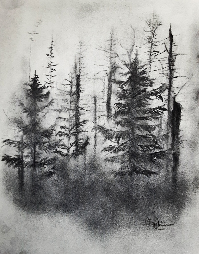 Gloomy forest. Landscape Charcoal drawing. Rustic Landscape Charcoal Drawing. Gallery wall art. Without frame. zdjęcie 1