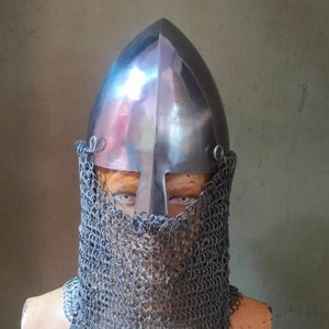 Norman Lake Lednica Style helmet for Reenactment, LARP, SCA– 2mm Mild Steel Combat Helmet with 12mm Chainmail Aventail