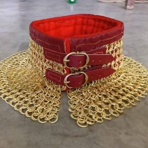 Può includere: Un cappuccio in cotta di maglia dorata con un colletto in pelle rossa. Il colletto ha due cinturini in pelle marrone con fibbie dorate. La cotta di maglia è fatta di piccoli anelli di metallo.