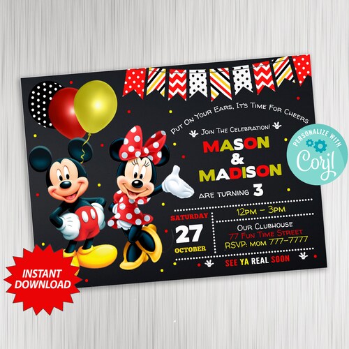 Minnie and Mickey Birthday Invitation: Printable Mickey Mouse - Etsy