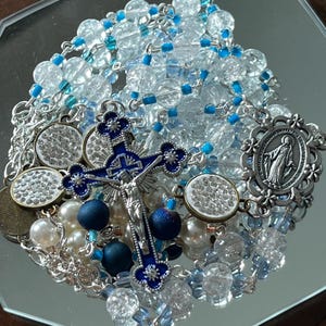 Handmade Glass Crystal Rosary with Blue Accents and Rhinestone Beads – Catholic Prayer Beads, Gift for Her, Wedding Rosary, Miraculous Medal