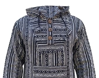 May include: Black and white hooded pullover with a geometric pattern. The pullover has a kangaroo pocket and a button closure at the neck.