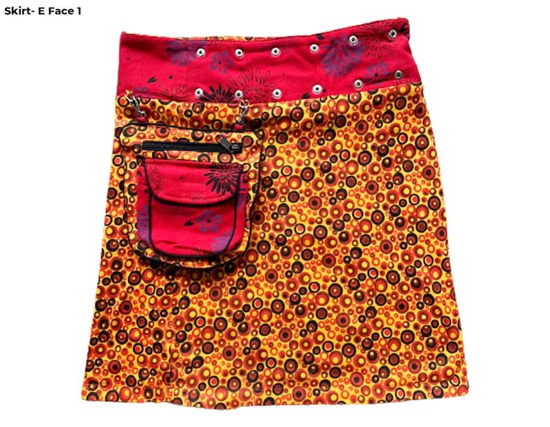 May include: A red and yellow mini skirt with a circle pattern. The skirt has a red pocket with a zipper and black trim.