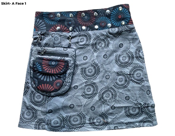 Short Reversible Skirt Floral Printed Popper Skirt Removable Pocket