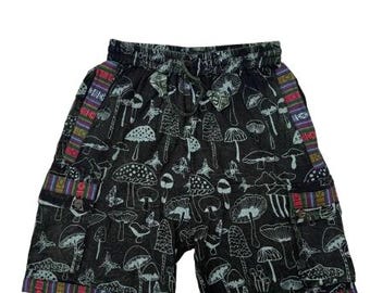 Shorts cargo com estampa de cogumelos | Shorts hippie para festivais | Shorts boho de algodão | Moda urbana unissex | Feito à mão no Nepal | Shorts boho de verão