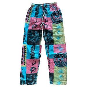 Men’s Hemp Cotton Trouser Hippie Patchwork Gecko Print Pants Tribal Aztec Symbols Printed Loose Trouser