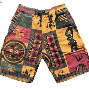 Hanf-Baumwoll-Shorts Ethnische Symbole Gedruckte Herren Boho-Shorts mit zwei Seitentaschen Einzelknopf und Reißverschluss