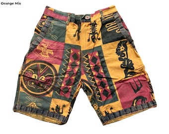 Hanf-Baumwoll-Shorts Ethnische Symbole Gedruckte Herren Boho-Shorts mit zwei Seitentaschen Einzelknopf und Reißverschluss