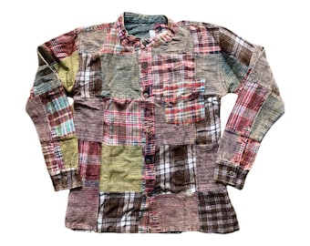 Hippie Check Shirt Patchwork Collarless Grandad Winter Shirt