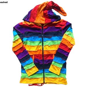 Regenbogen gestreifte Baumwolle Sommerjacke Herren Pixie Kapuzen Patchwork Hippie Mantel