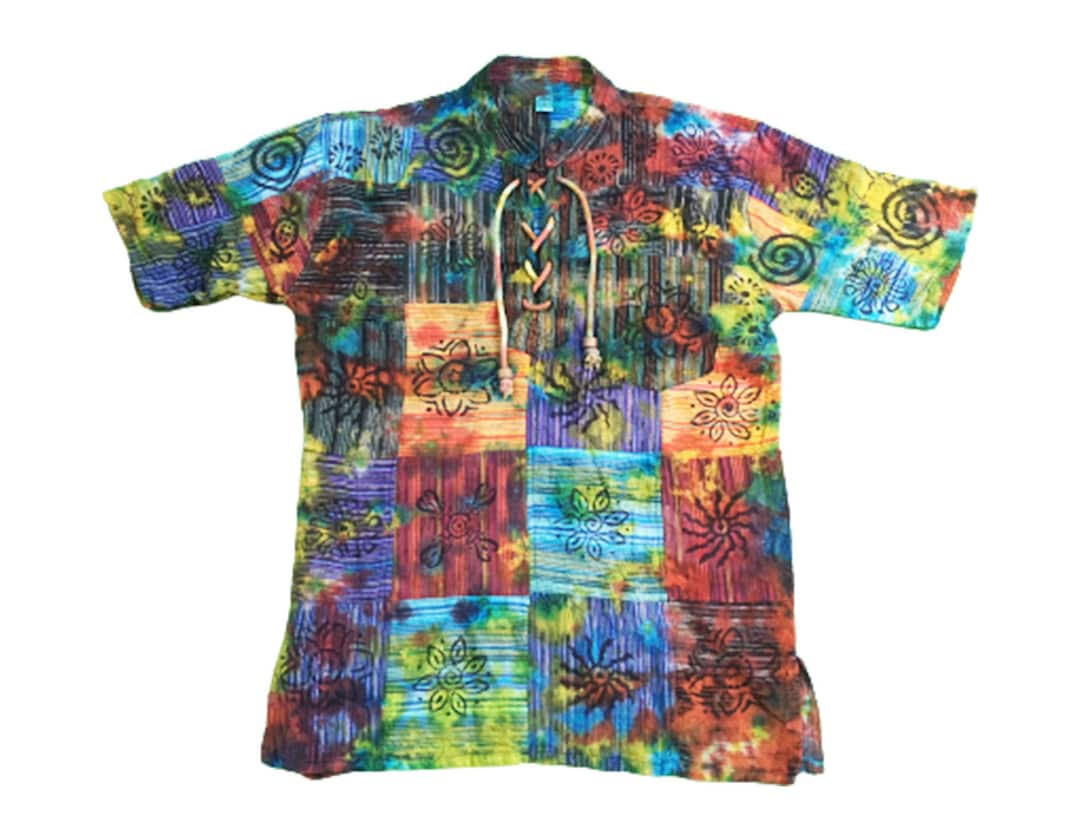 Short Sleeve Shirt Patchwork Tie Dye Symbols Printed Lace up Chest ...