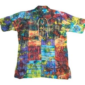 Short Sleeve Shirt Patchwork Tie Dye Symbols Printed Lace Up Chest Grandad Collar Festive Hippy Shirt
