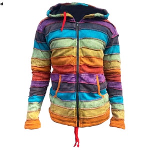 Rainbow Stripy Cotton Winter Jacket Men’s Pixie Hooded Fleece Lined Patchwork Hippie Wear