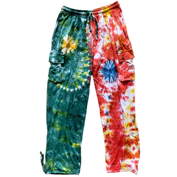 Men’s Tie Dye Trouser Light Cotton Casual Beach Summer Half and Half Yin Yang Hippie Cargo Pants