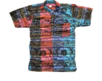 Hippie Wear Men’s Grandad Collar Short Sleeve Animal Printed Striped Shirt