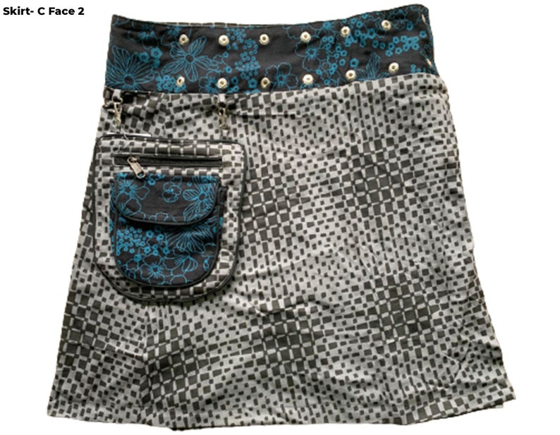 May include: A black and white checkered skirt with a blue and black floral print pocket. The skirt has a black waistband with a blue floral print and silver grommets.