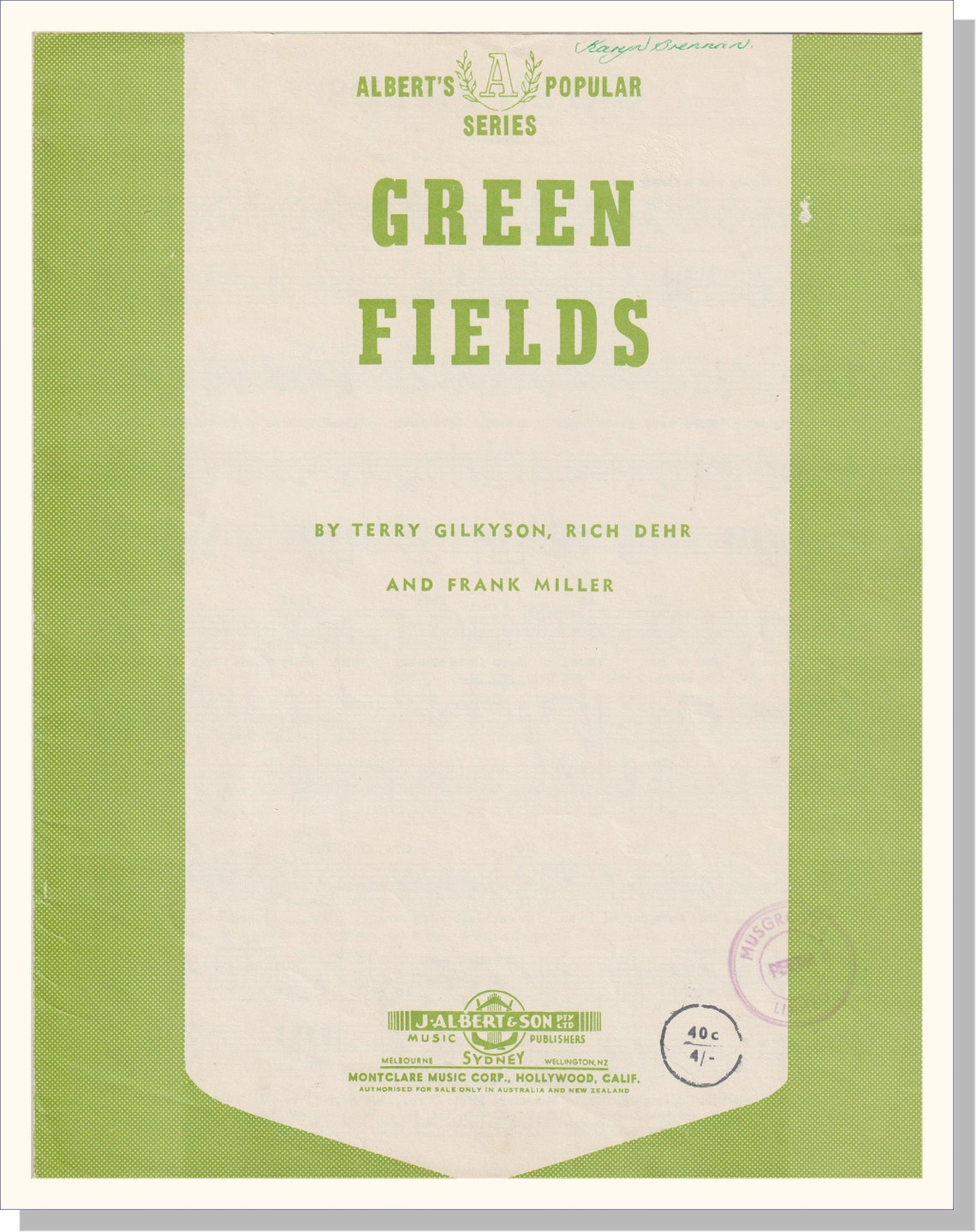 Vintage Green Fields Song by Terry Gilkyson Rich Dehr & Frank Etsy