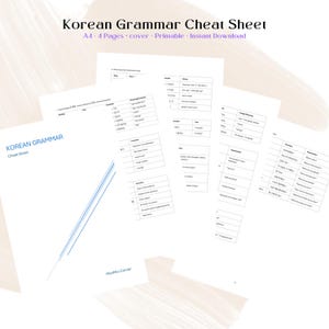 May include: A collection of white paper sheets with Korean grammar notes. The title "Korean Grammar Cheat Sheet" is at the top, with the text "A4 - 4 Pages - cover - Printable - Instant Download". The sheets contain Korean words and phrases.