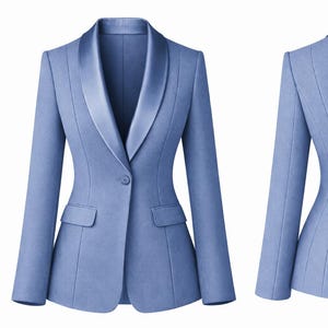 May include: A light blue blazer with a satin lapel, front pockets, and a single-button closure. The image shows both the front and back of the tailored jacket. The back of the blazer has a fitted design with vertical seams.