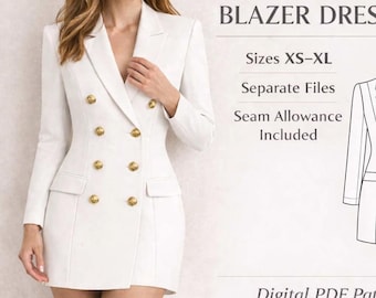 Double Breasted Blazer Dress PDF Sewing Pattern – Sizes XS-XL, Seam Allowance Included, Digital Pattern