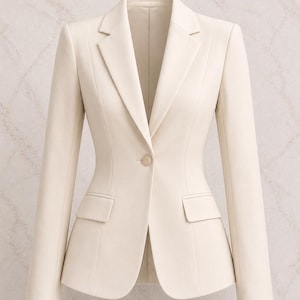 Könnte beinhalten: Elfenbeinfarbener Blazer mit taillierter Passform. Die Jacke hat einen Ein-Knopf-Verschluss, ein fallendes Revers und zwei Vordertaschen. Die langen Ärmel und das strukturierte Design sorgen für einen eleganten, professionellen Look. Ein klassisches Kleidungsstück für Business oder formelle Anlässe.