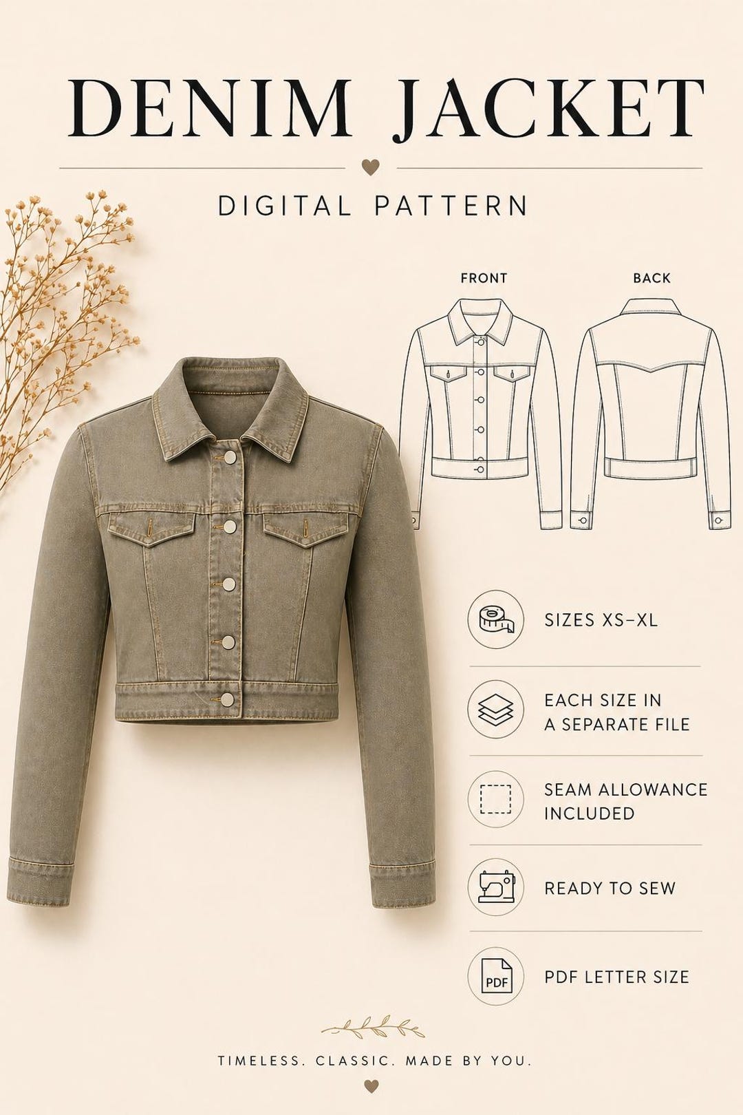 Denim Jacket Sewing Pattern PDF, Cropped Jacket Pattern, Princess Seam ...