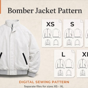 Puede incluir: Un patrón de chaqueta bomber blanca con detalles de bolsillos negros y un dobladillo acanalado gris. La imagen incluye tablas de tallas para XS, S, M, L y XL. El texto en la imagen dice "Bomber Jacket Pattern" y "Digital Sewing Pattern."
