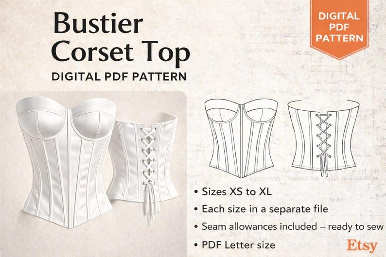 Bustier Sewing Pattern PDF XS–XL | Strapless Corset Pattern | Digital Bustier Pattern with 3-Piece Cups image 1