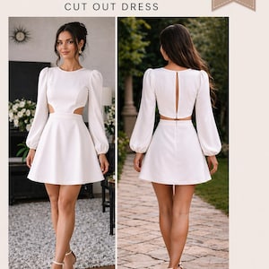 Puede incluir: Patrón de costura digital para un vestido blanco con cortes. El diseño presenta mangas largas, un corpiño ajustado y una falda acampanada. La imagen muestra el vestido por delante y por detrás. El texto en la imagen dice "Digital Sewing Pattern - Cut Out Dress".