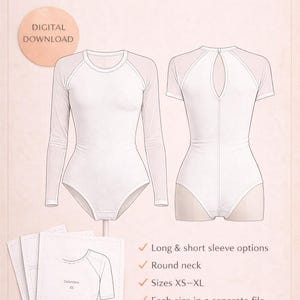 Puede incluir: Descarga digital de un patrón de costura de body. El patrón incluye opciones de manga larga y corta, cuello redondo y tallas XS-XL. Cada talla está en un archivo separado, con márgenes de costura incluidos. La imagen muestra vistas frontal y trasera.
