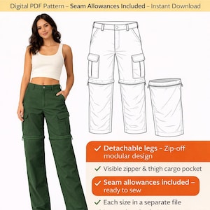 Puede incluir: Patrón de costura de pantalón cargo convertible verde. La imagen muestra a una mujer con un pantalón cargo verde con perneras desmontables. El patrón incluye márgenes de costura y es un PDF digital para descarga instantánea. El pantalón tiene cremalleras visibles y bolsillos cargo en el muslo.
