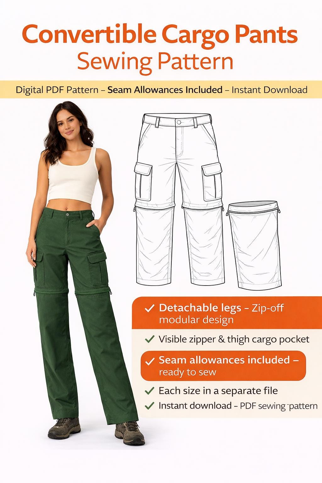 Convertible Cargo Pants Sewing Pattern | Zip-off Pants Pattern ...