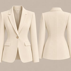 Op de afbeelding: Een crèmekleurige blazer met een enkele knoopsluiting, inkepingen in de revers en twee klepzakken. Het kledingstuk wordt getoond vanaf zowel de voor- als achterkant, met verticale naaddetails en een getailleerd, gestructureerd silhouet.
