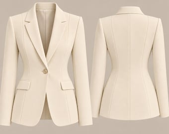 Pode incluir: Um blazer de cor creme com fecho de um botão, lapelas entalhadas e dois bolsos com aba. A peça é exibida de frente e de costas, destacando detalhes de costura vertical e uma silhueta estruturada e ajustada ao corpo.