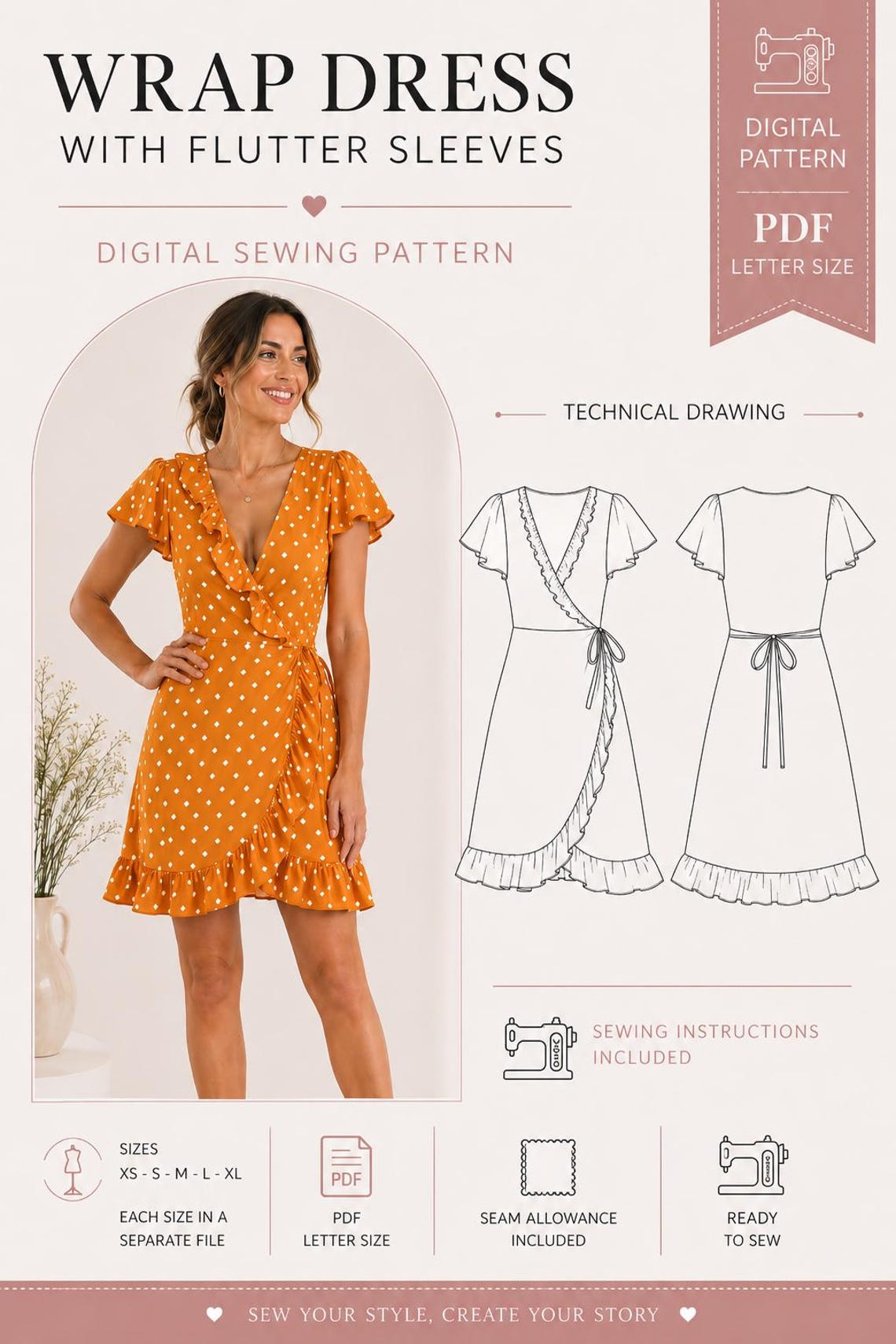 Wrap Dress Sewing Pattern PDF, Flutter Sleeve Dress Pattern, Ruffle ...