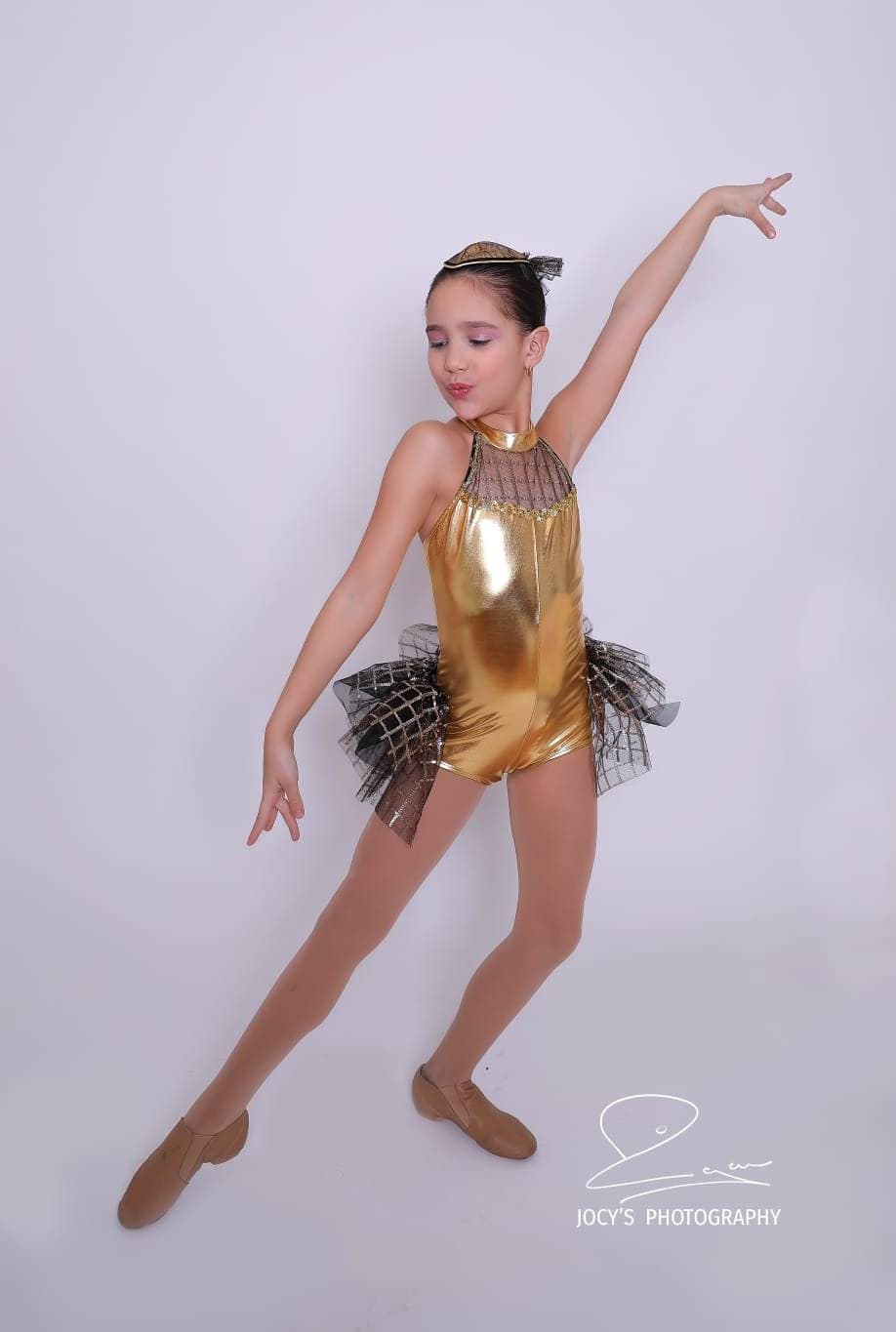 Girls Gold Dance Costume Child Jazz & Ballet Leotard with Tulle Skirt Stage Performance Outfit