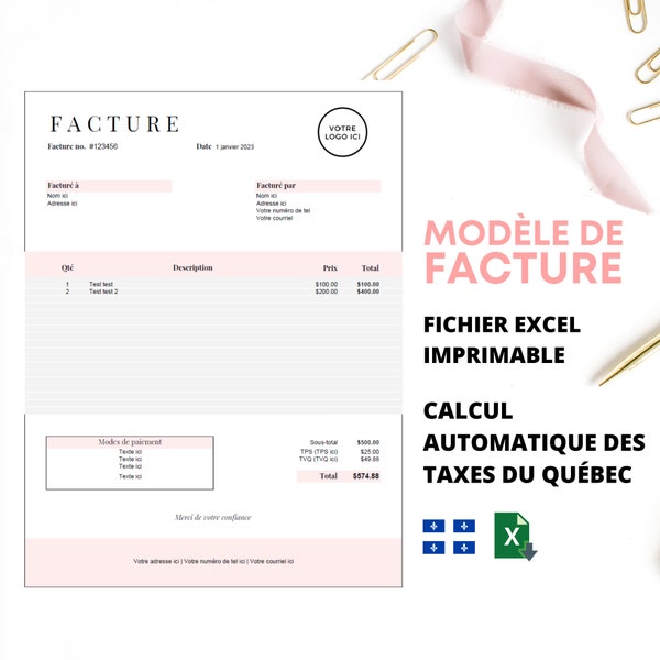Modèle de Facture Rose Gris Style Minimaliste Élégant À Télécharger Et Imprimer En Français Avec Calcul Automatisé Des Taxes Du Québec